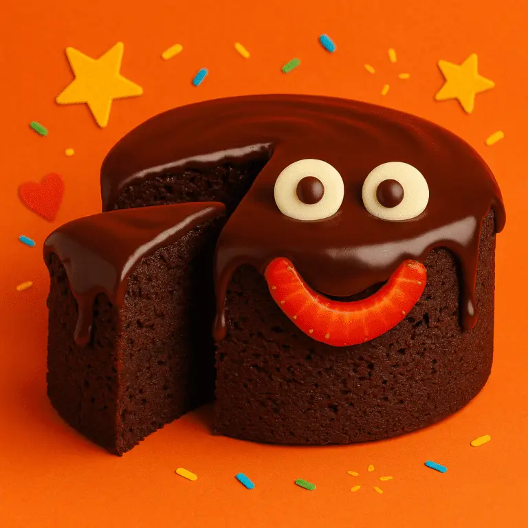 Bolo fit de chocolate com cobertura brilhante e carinha divertida feita com morango e olhos de chocolate branco, em fundo laranja vibrante no estilo food fun.