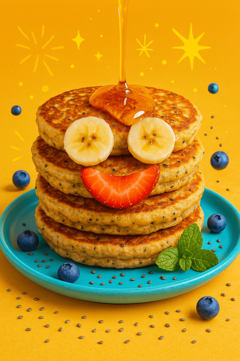 Panqueca saudável de banana com aveia e chia, sem glúten e sem lactose, servida com frutas e mel, ideal para dietas funcionais e emagrecimento.