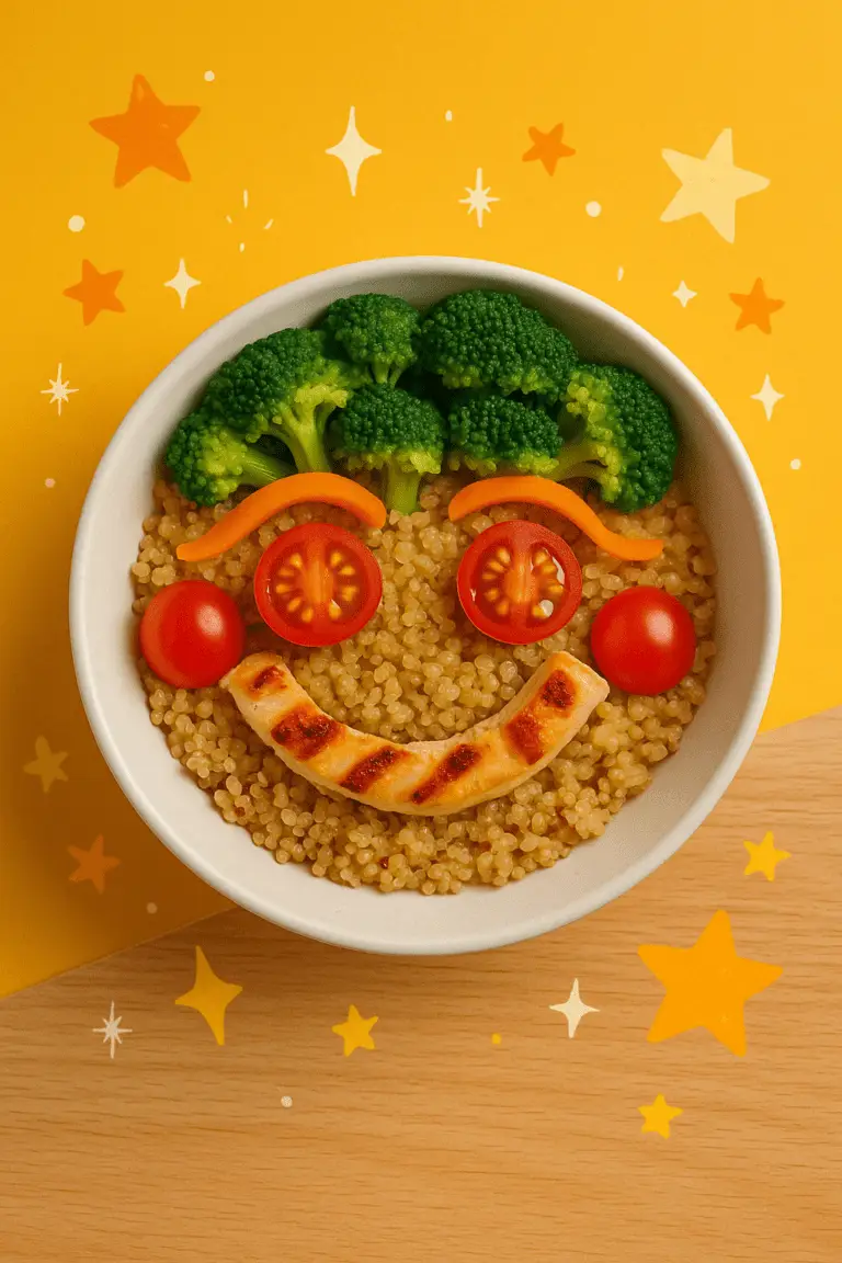 Bowl saudável com quinoa, frango grelhado e legumes coloridos em disposição divertida no estilo food fun. Receita sem glúten, sem lactose e rica em nutrientes.