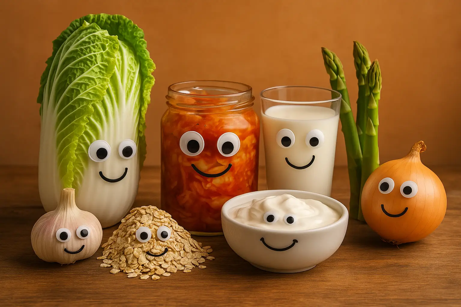 Ingredientes funcionais para o intestino em versão lúdica: alho, aveia, acelga, kimchi, iogurte, kefir, aspargos e cebola com olhos e sorrisos sobre mesa de madeira e fundo marrom
