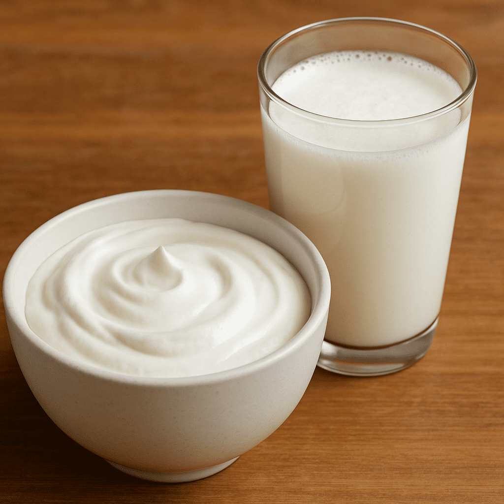 Um copo de Kefir e uma tigela de Iogurte