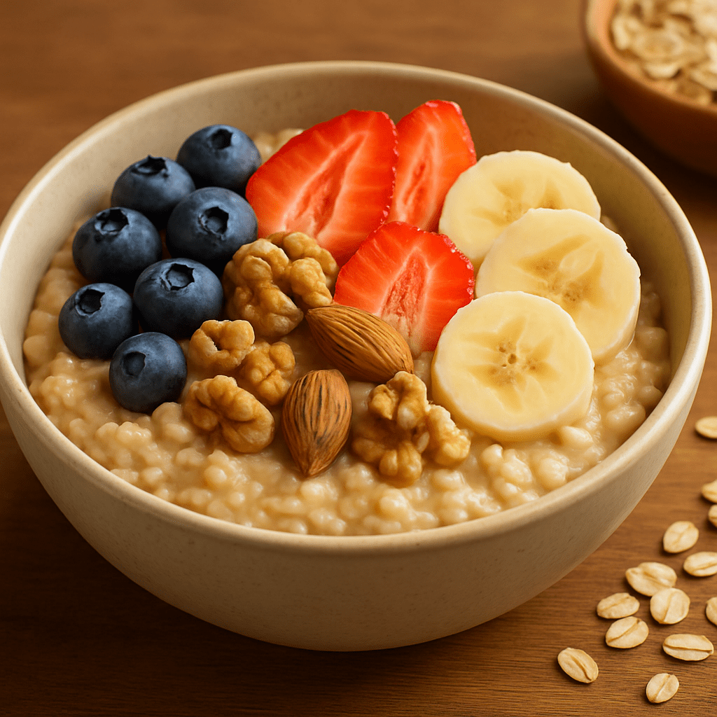 Bowl de aveia com frutas e castanhas, destacando uma refeição rica em fibras prebióticas.