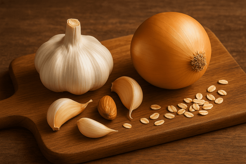 Alho e cebola crus sobre tábua de madeira, ingredientes naturais ricos em prebióticos.