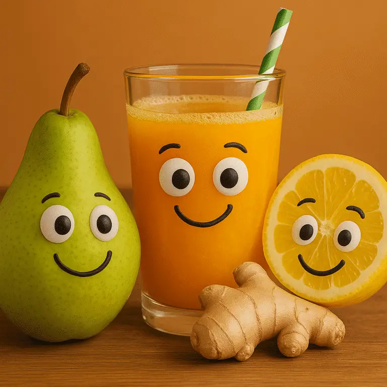 Frutas animadas realistas com expressões sorridentes: pera, limão e gengibre ao lado de um copo de suco amarelo com canudo, todos com olhos divertidos sobre fundo limão