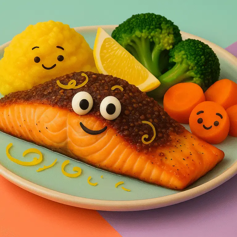 Filé de salmão grelhado com crosta de linhaça servido com legumes no vapor e purê de mandioquinha, decorado com raspas de limão siciliano.