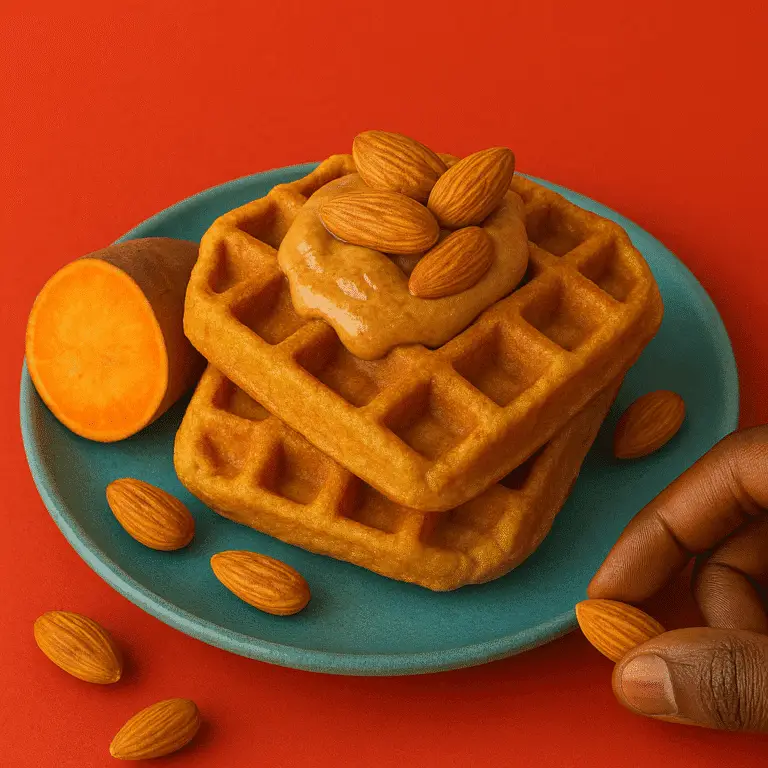 Waffle dourado de batata doce com pasta de amendoim e amêndoas, servido em prato azul sobre fundo vermelho vibrante, com mão masculina morena pegando uma amêndoa.