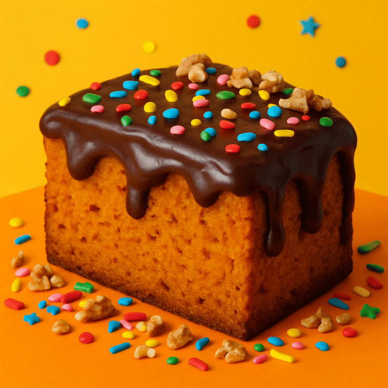 Fatia de bolo de cenoura com cobertura de chocolate, decorada com elementos food fun coloridos, sobre fundo vibrante e de contraste.