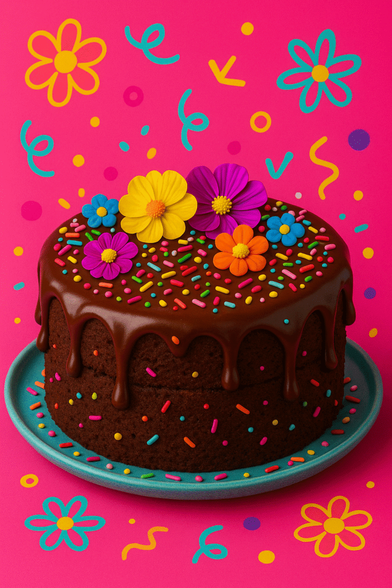 Bolo de chocolate com cobertura de chocolate, decorado com elementos divertidos e coloridos no estilo food fun, sobre fundo de contraste vibrante.