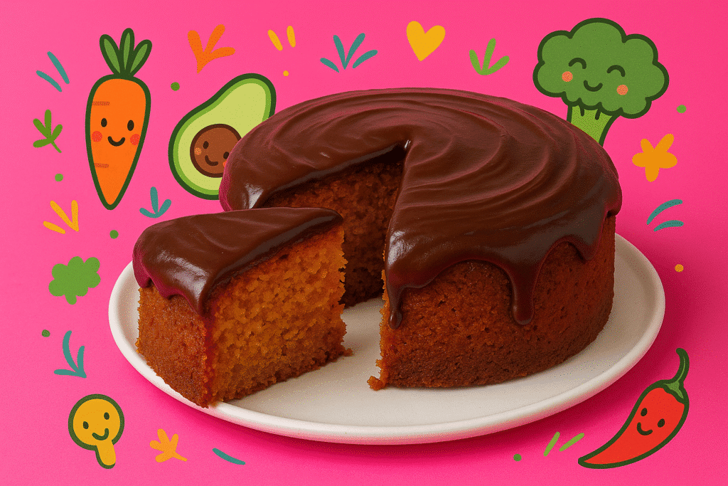 Slice of moist carrot cake with glossy chocolate frosting on a white plate, set against a bright pink background with playful food-themed illustrations.