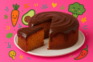 Slice of moist carrot cake with glossy chocolate frosting on a white plate, set against a bright pink background with playful food-themed illustrations.