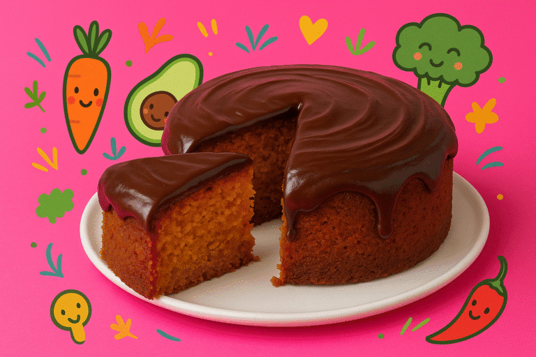 Slice of moist carrot cake with glossy chocolate frosting on a white plate, set against a bright pink background with playful food-themed illustrations.
