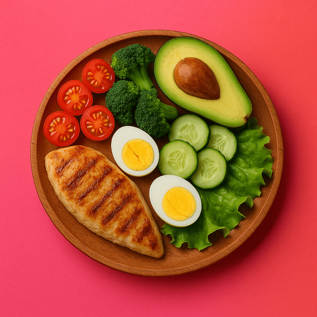 Imagem de um prato de madeira com uma refeição low carb. O prato contém filé de frango grelhado, ovos cozidos, tomate cereja, brócolis, pepino fatiado, abacate e alface, sobre um fundo vibrante cor de rosa.