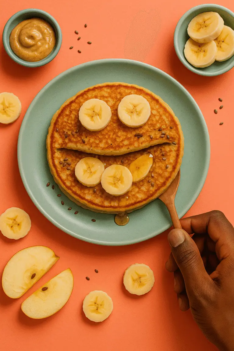 Prato com panquecas de banana sem glúten decoradas com rodelas de banana formando um rosto sorridente, servido sobre prato verde-claro com fundo coral, acompanhado por bowls com banana, pasta de amendoim e sementes, com mão segurando uma colher de madeira.