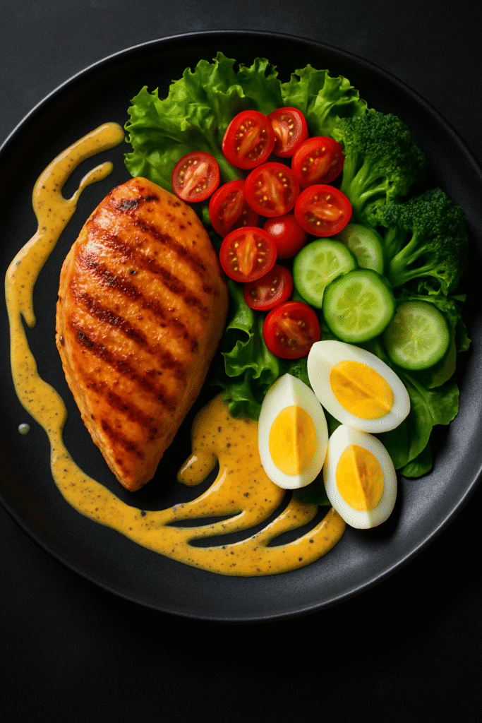 salada low carb com frango grelhado, tomate cereja, ovos cozidos, pepino, brócolis e molho cremoso de alho espalhado pelo prato, com fundo em tons escuros e elementos vibrantes.