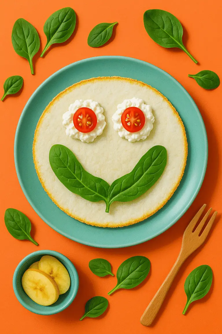 Tapioca funcional em formato de rosto sorridente, com olhos feitos de queijo cottage e tomate-cereja, e sorriso de folha de espinafre, servida em prato verde-claro sobre fundo coral, com folhas de espinafre e utensílios decorando a cena.