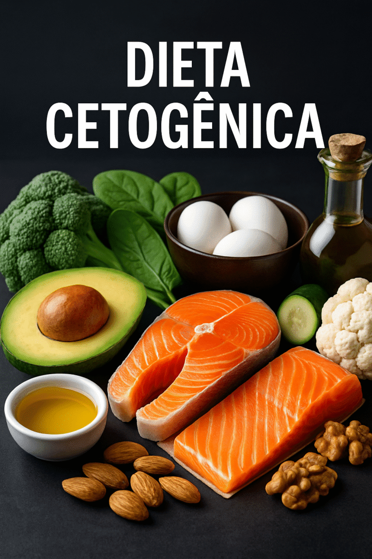 Imagem vibrante de alimentos da dieta cetogênica, com abacate, filé de salmão, ovos, azeite de oliva, brócolis, espinafre, couve-flor, amêndoas e nozes, sobre fundo escuro. A palavra "DIETA CETOGÊNICA" é exibida em letras brancas.