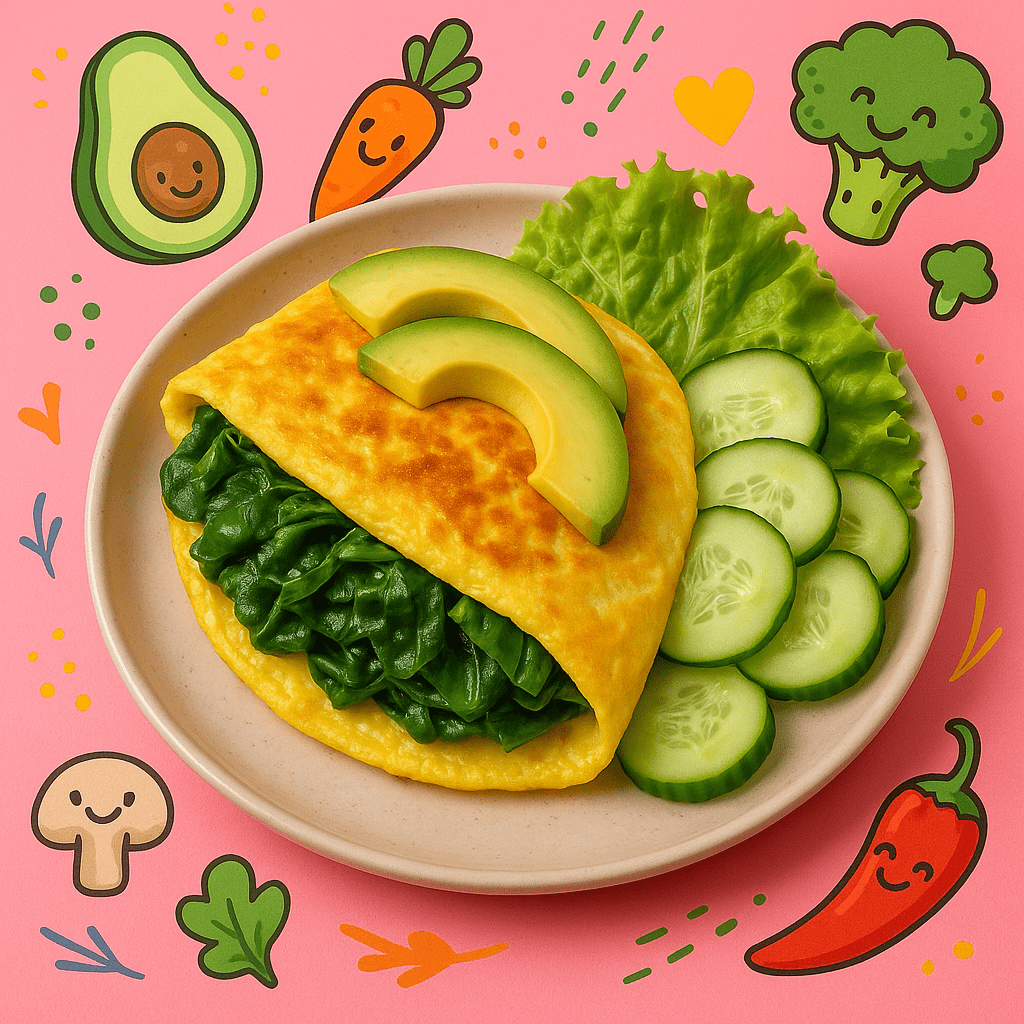 Healthy spinach omelet with avocado slices, fresh cucumber and lettuce on a colorful plate with food fun illustrations.
