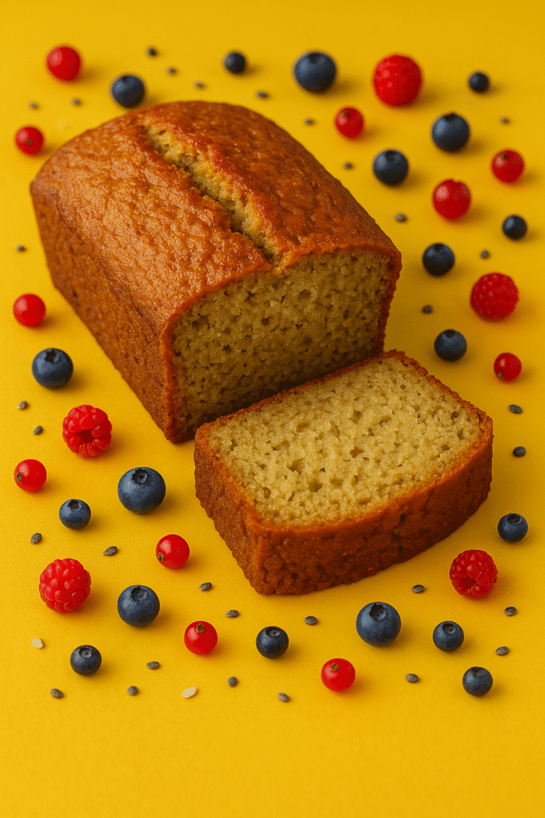 Freshly baked gluten-free banana bread with a vibrant contrast background and food fun details, showing a perfect slice of the bread.