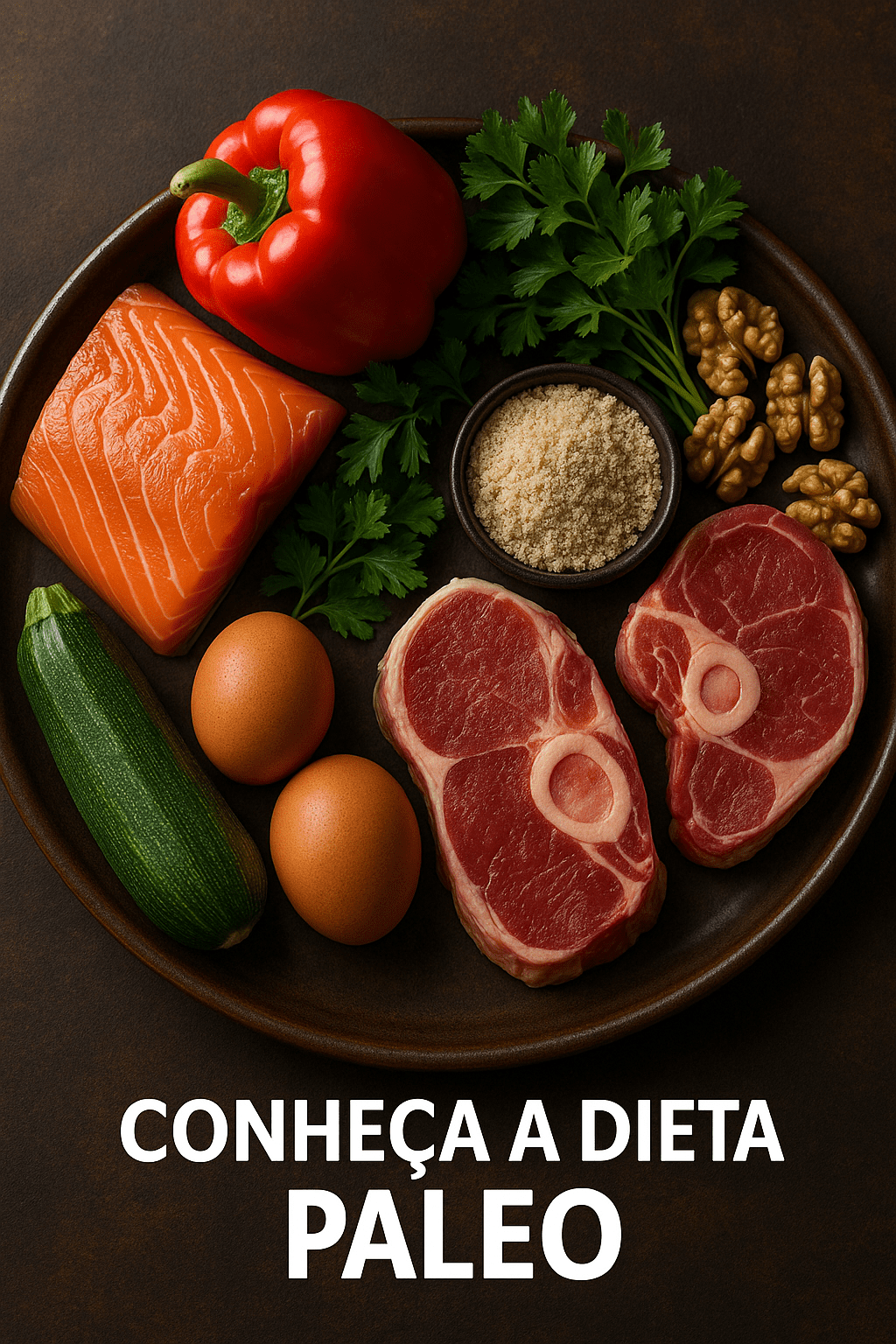 Prato de dieta Paleo com carne magra grelhada, legumes frescos, abacate e nozes, servido em uma apresentação sofisticada e vibrante.