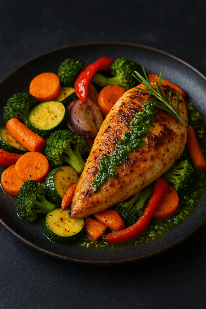 Frango assado com legumes frescos e molho de ervas aromáticas, servido em um prato elegante e colorido, representando uma refeição Paleo saudável e saborosa.