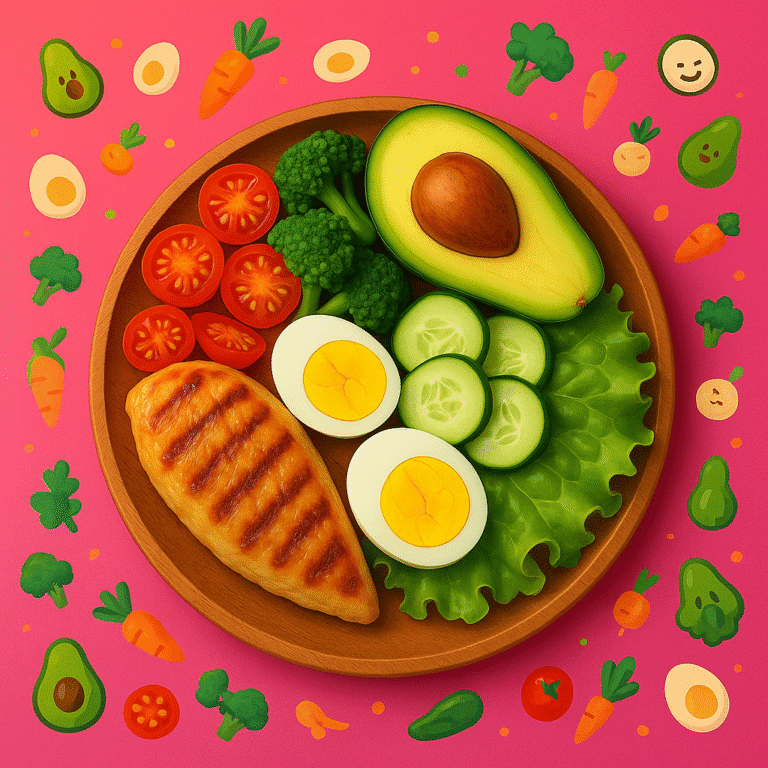 Colorful low-carb meal with grilled chicken, avocado, eggs, and vegetables on a wooden plate with fun cartoon food illustrations on a pink background.
