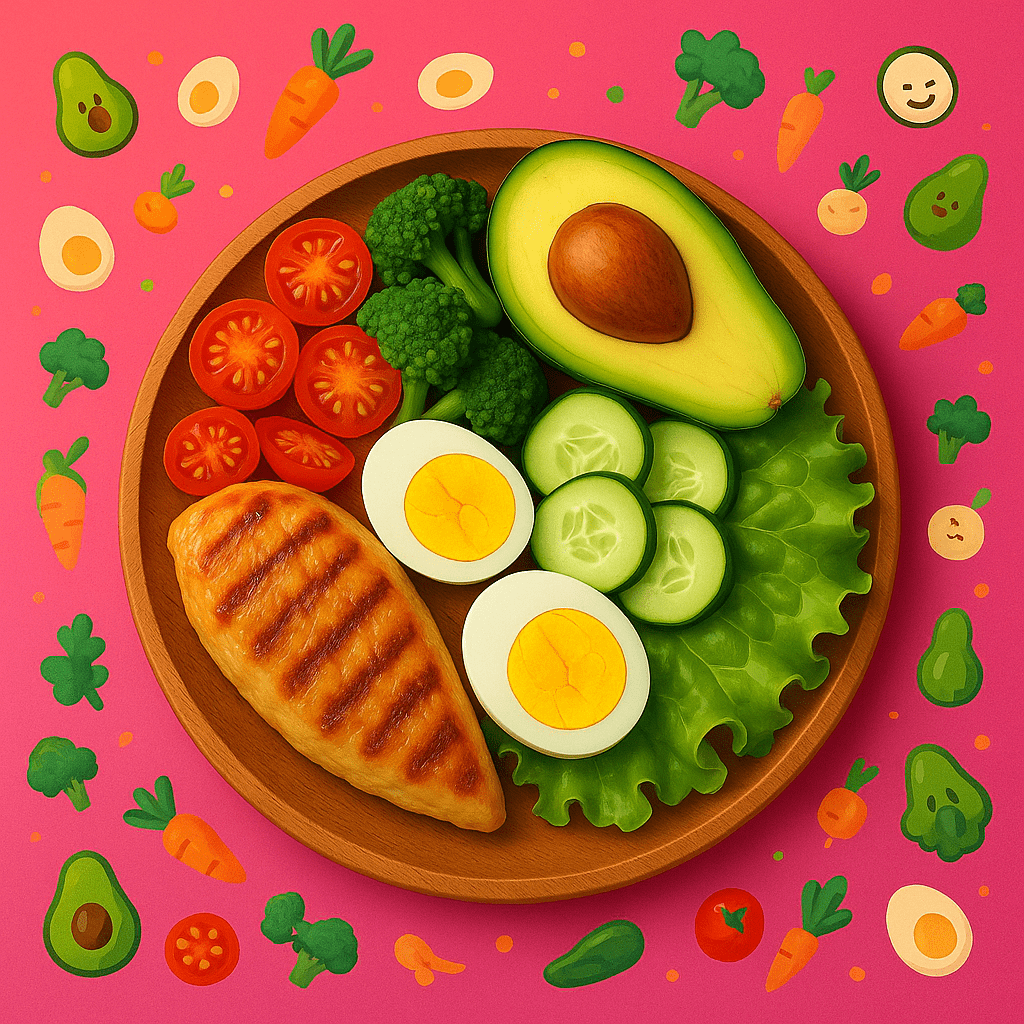 Colorful low-carb meal with grilled chicken, avocado, eggs, and vegetables on a wooden plate with fun cartoon food illustrations on a pink background.