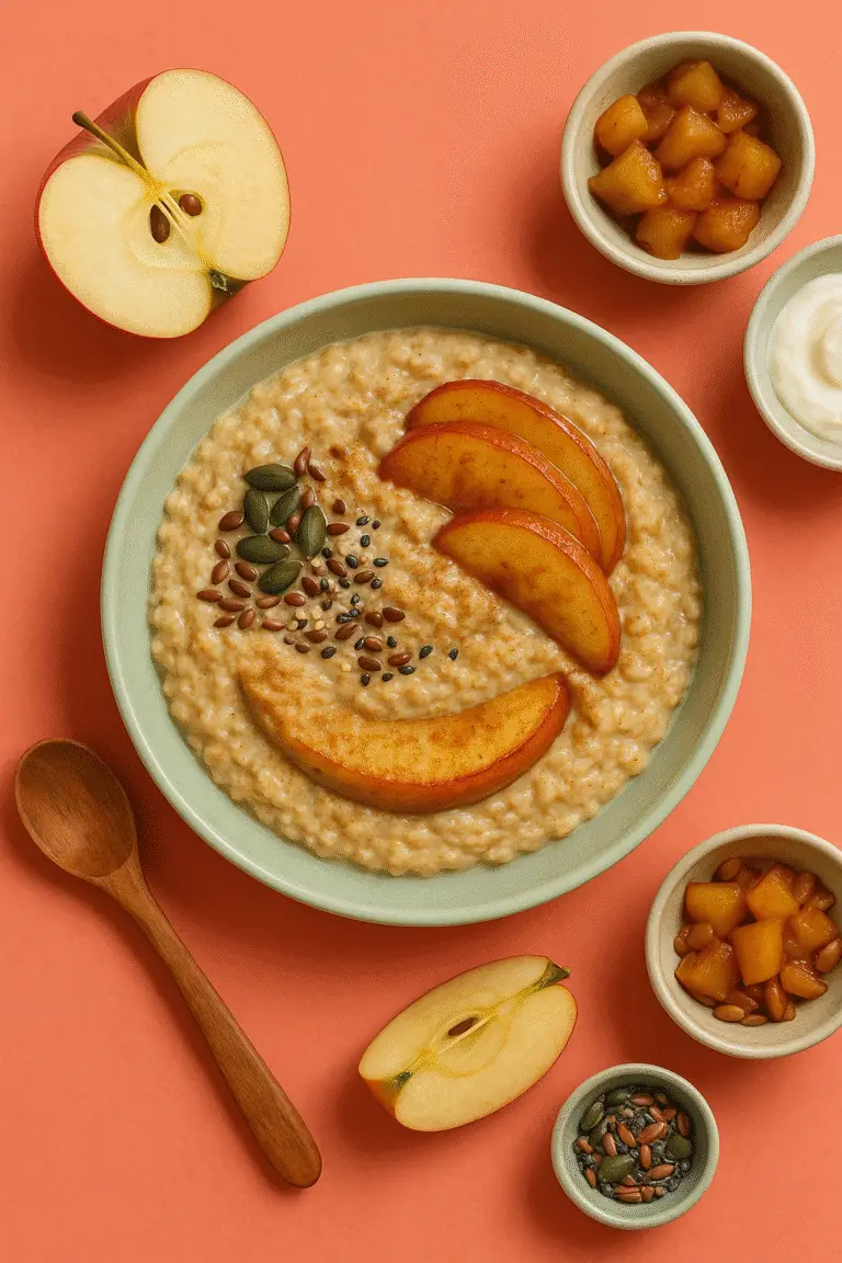 mingau proteico de aveia , maçã e canela sobre uma mesa decorada com maçã cortadas