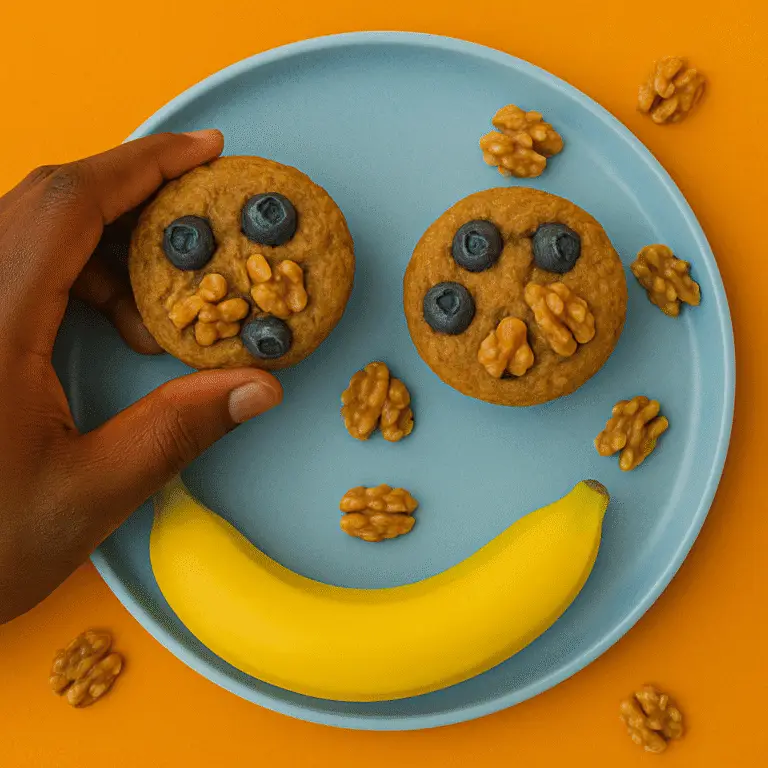 Prato azul com dois muffins de banana, nozes e mirtilo posicionados como olhos, uma banana como sorriso e nozes formando o nariz e detalhes ao redor, com uma mão negra segurando um dos muffins sobre fundo laranja vibrante.
