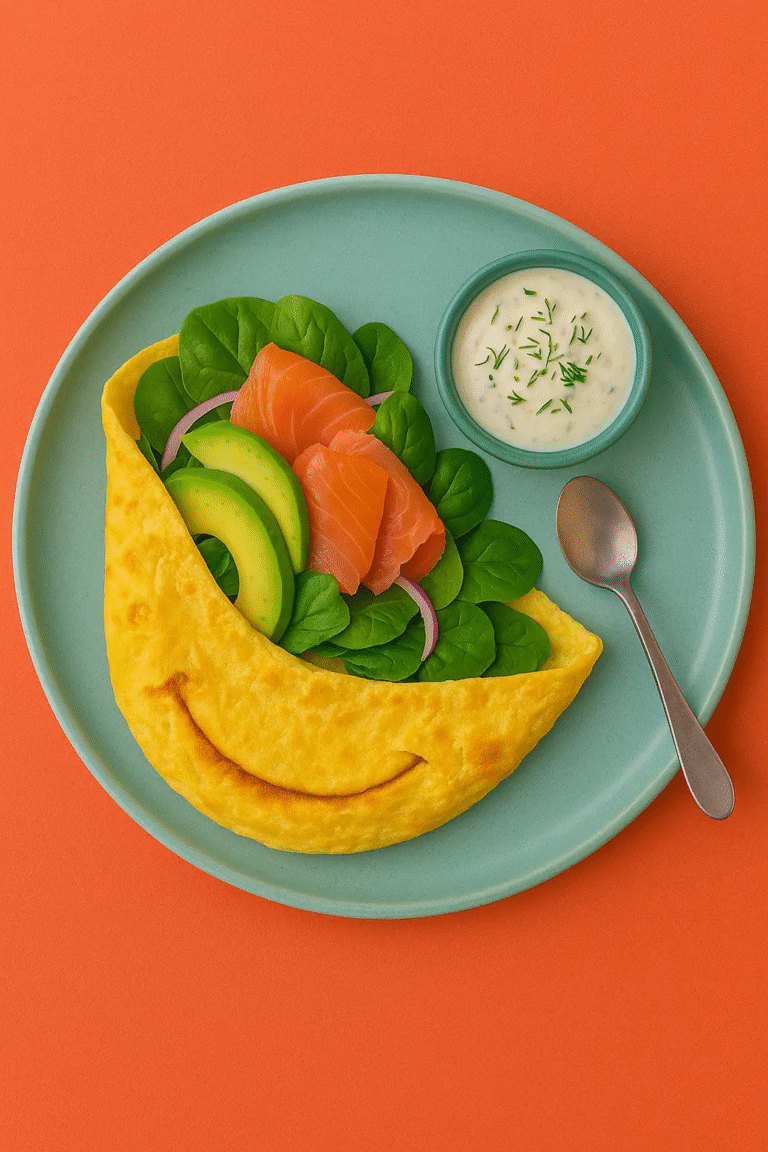 wrap de omelete com abacate e salmão defumado servido em prato azul