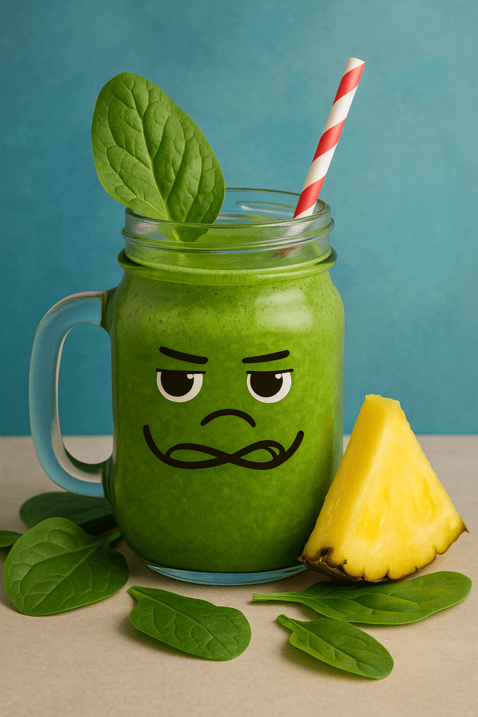 Smoothie verde detox feito com abacaxi, espinafre e gengibre, servido em copo alto, decorado com folhas de hortelã. Bebida funcional e refrescante, sem lactose e sem glú ten.