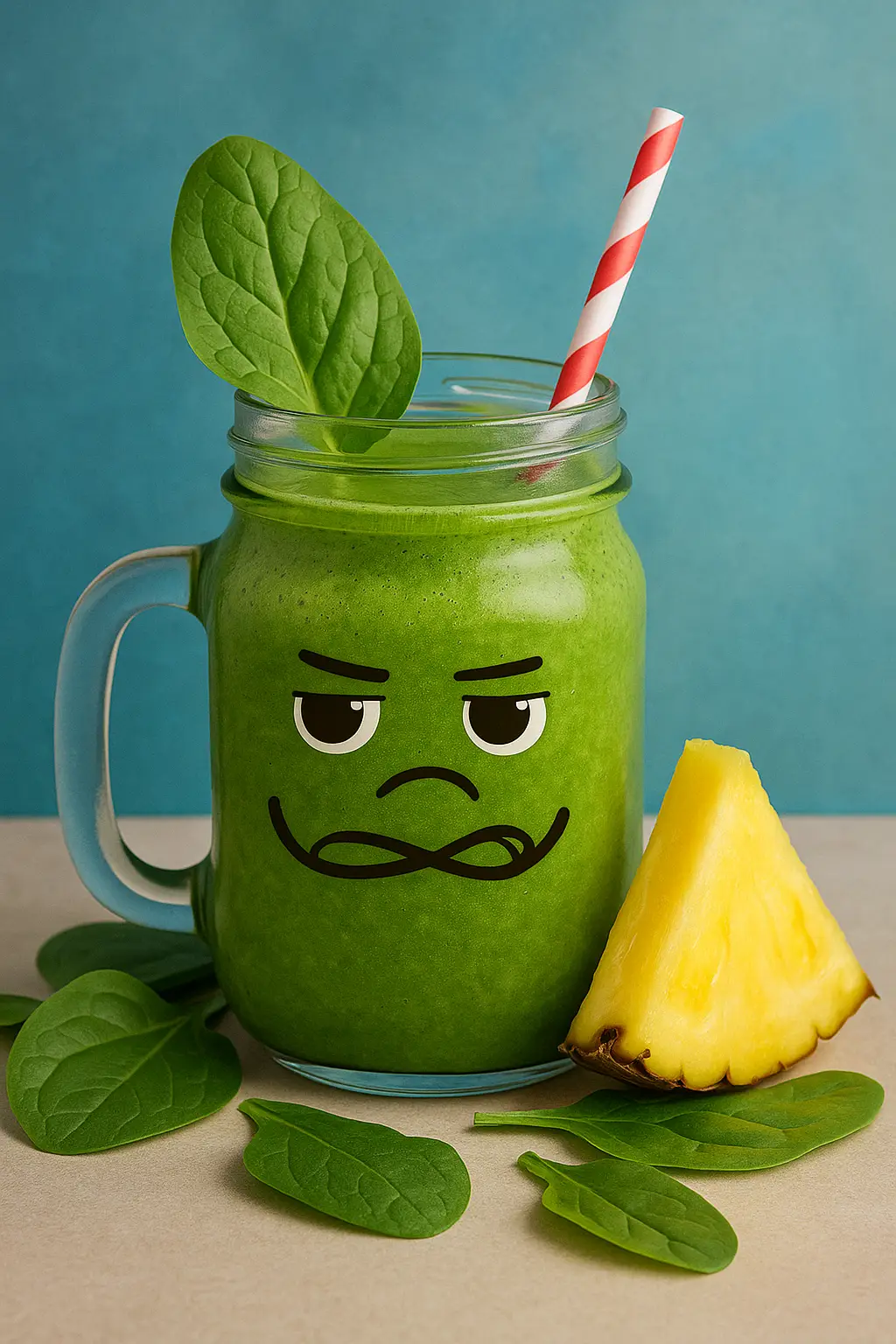 smoothie verde com espinafre, abacaxi e gengibre servido em copo transparente com folhas frescas ao lado