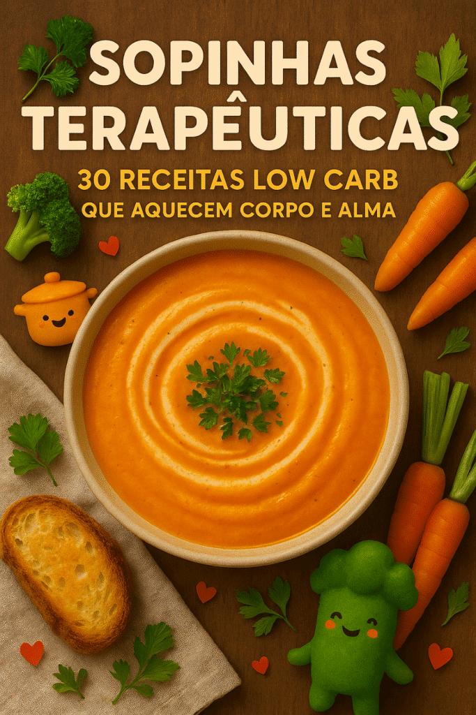 sopa cremosa laranja ao centro, rodeada por vegetais como cenouras, brócolis, torrada e personagens lúdicos estilo food fu