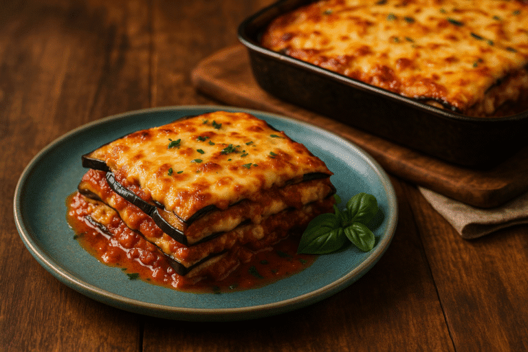 Lasanha de berinjela low carb servida em prato azul, com camadas de queijo gratinado, molho de tomate e fatias de berinjela grelhada, decorada com manjericão fresco sobre mesa rústica de madeira.