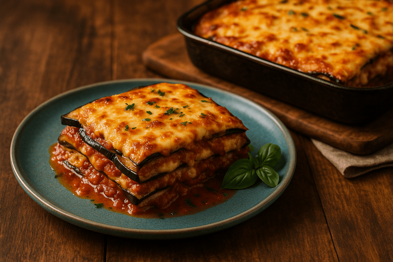 Lasanha de berinjela low carb servida em prato azul, com camadas de queijo gratinado, molho de tomate e fatias de berinjela grelhada, decorada com manjericão fresco sobre mesa rústica de madeira.