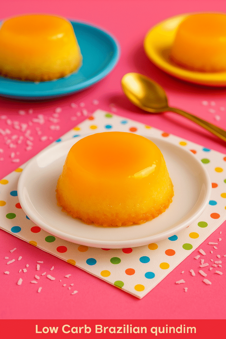 Quindim low carb com superfície brilhante e base de coco dourada, servido em prato branco sobre guardanapo colorido, com fundo rosa vibrante.