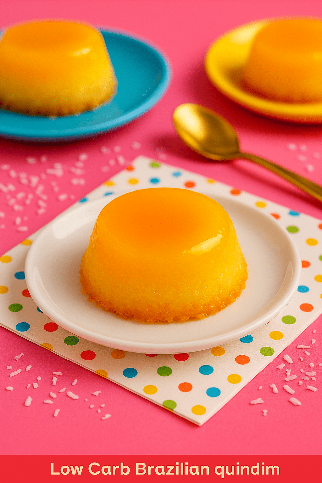 Quindim low carb com superfície brilhante e base de coco dourada, servido em prato branco sobre guardanapo colorido, com fundo rosa vibrante.