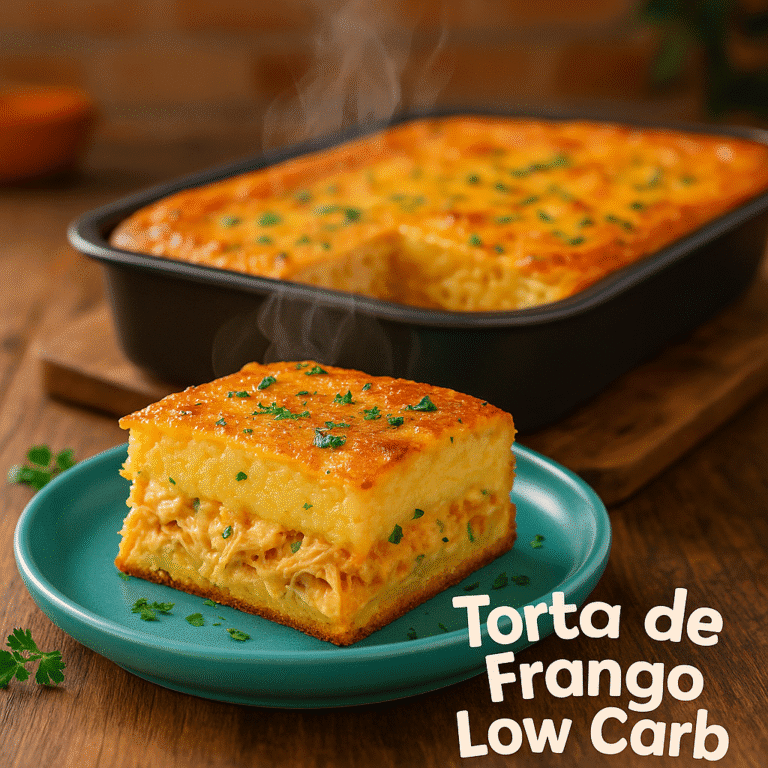 Torta de frango low carb dourada e fumegante servida em prato azul sobre mesa de madeira, com recheio de frango cremoso e cobertura gratinada, recém-saída do forno.
