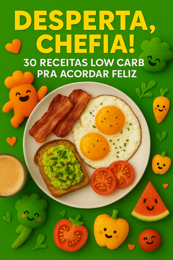 Capa do eBook “Desperta, Chefia! – 30 Receitas Low Carb pra Acordar Feliz”, com fundo verde vibrante, prato com ovos fritos, bacon, torrada com avocado e tomate, rodeado por personagens animados estilo food fun como vegetais sorridentes e mini-chefs.
