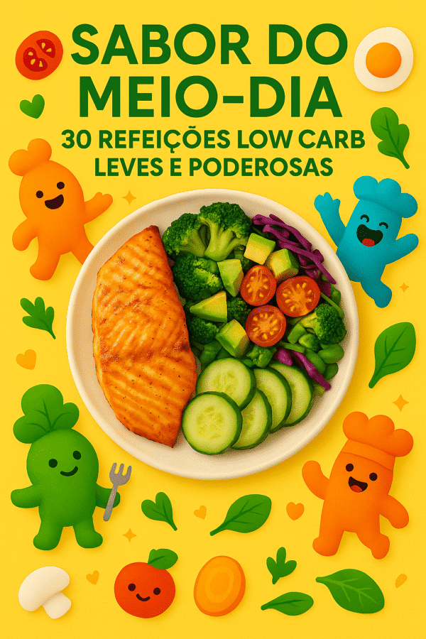 Capa do eBook “Sabor do Meio-Dia – 30 Refeições Low Carb Leves e Poderosas”, com fundo amarelo vibrante, prato com salmão grelhado, pepino, brócolis, abacate, tomate e repolho roxo, rodeado por personagens animados estilo food fun.