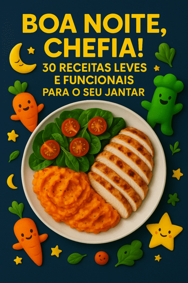 Capa do eBook “Boa Noite, Chefia! – 30 Receitas Leves e Funcionais para o Seu Jantar”, com fundo azul escuro, prato com frango grelhado, purê de legumes e folhas verdes, rodeado por elementos lúdicos como estrelinhas, luas, minichefs e cenouras sorridentes.
