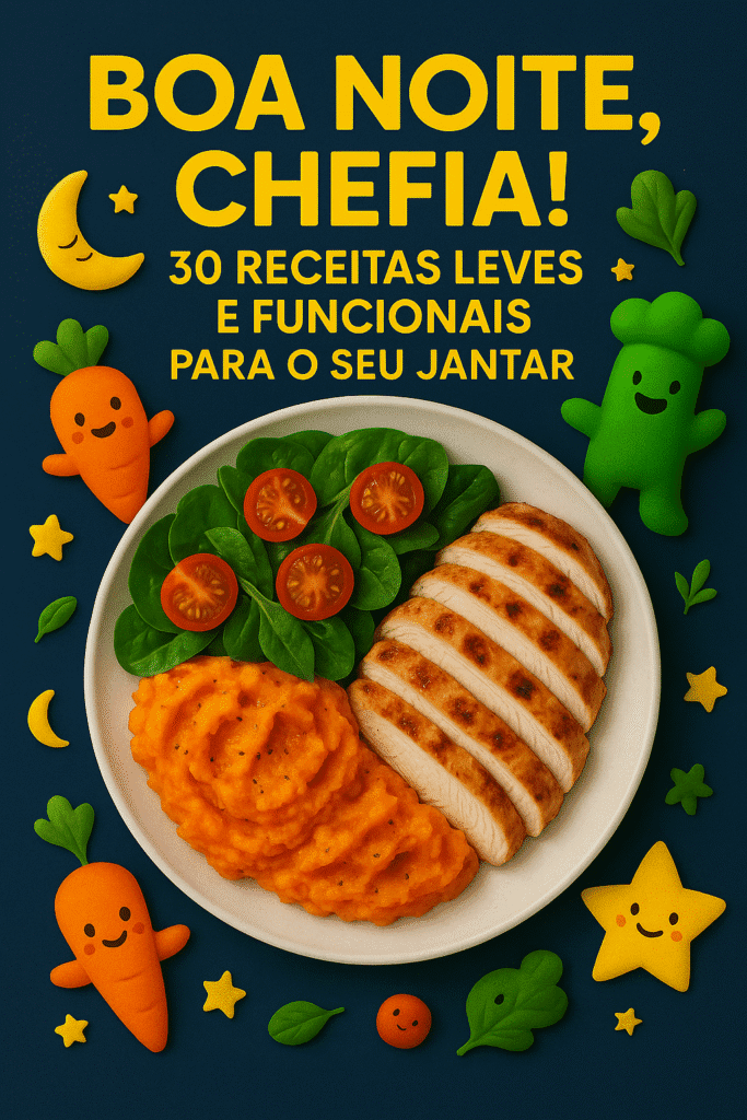 Capa do eBook “Boa Noite, Chefia! – 30 Receitas Leves e Funcionais para o Seu Jantar”, com fundo azul escuro, prato com frango grelhado, purê de legumes e folhas verdes, rodeado por elementos lúdicos como estrelinhas, luas, minichefs e cenouras sorridentes.