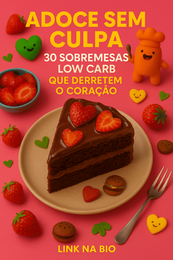 Capa do eBook “Adoce Sem Culpa – 30 Sobremesas Low Carb que Derretem o Coração”, com fundo rosa vibrante, um pedaço de bolo de chocolate decorado com morangos em formato de coração, personagens food fun e elementos lúdicos.
