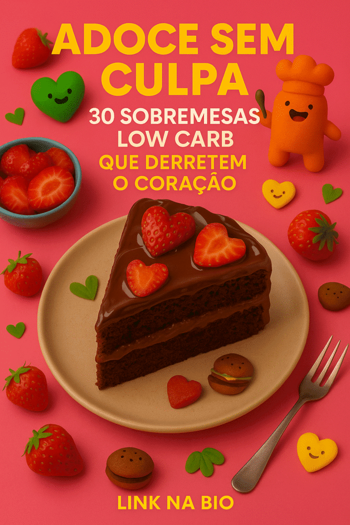 Capa do eBook “Adoce Sem Culpa – 30 Sobremesas Low Carb que Derretem o Coração”, com fundo rosa vibrante, um pedaço de bolo de chocolate decorado com morangos em formato de coração, personagens food fun e elementos lúdicos.