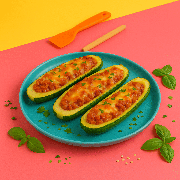 Três metades de abobrinha recheadas com carne moída e cobertas com queijo gratinado, servidas em prato azul sobre mesa rosa, decoradas com folhas de manjericão.