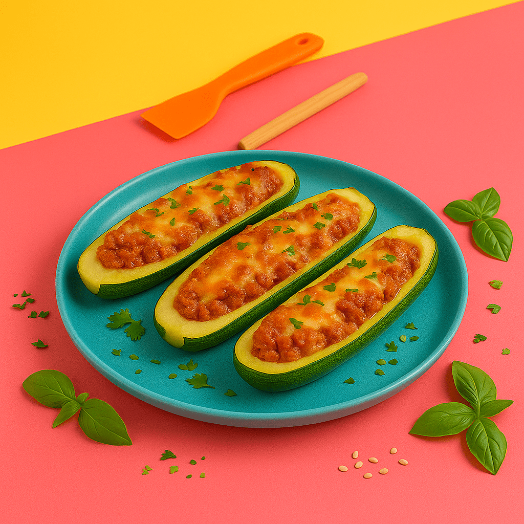 Três metades de abobrinha recheadas com carne moída e cobertas com queijo gratinado, servidas em prato azul sobre mesa rosa, decoradas com folhas de manjericão.