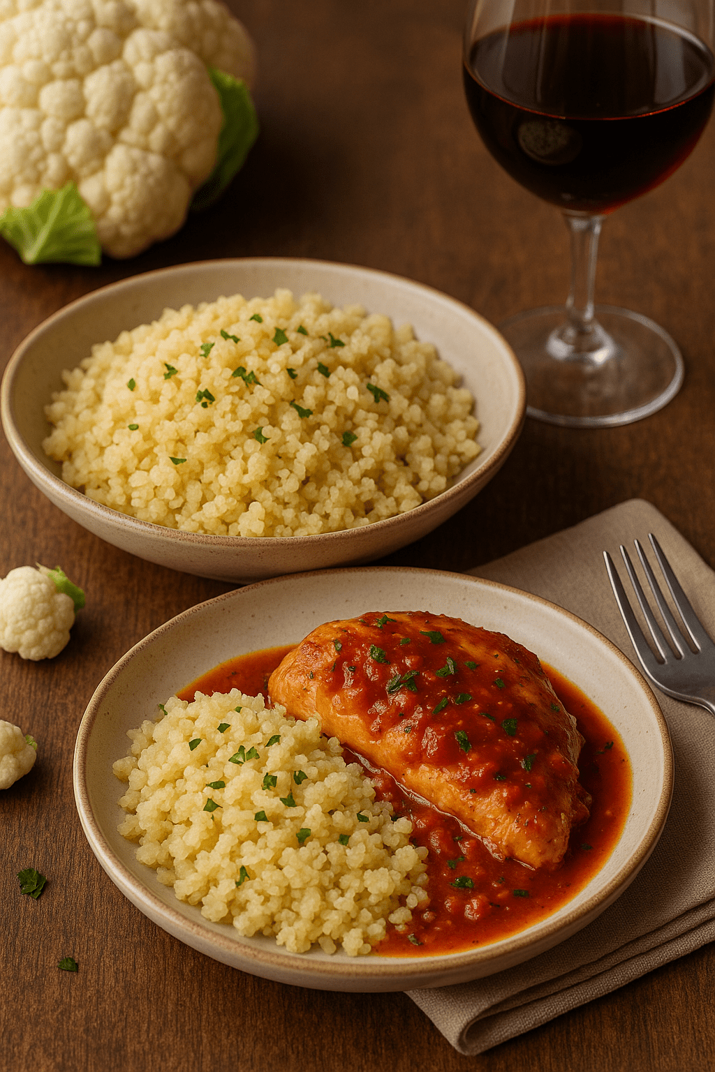 Prato com arroz de couve-flor e peito de frango ao molho vermelho vibrante, servido ao lado de uma taça de vinho tinto, em mesa rústica de madeira com guardanapo e talheres de inox.