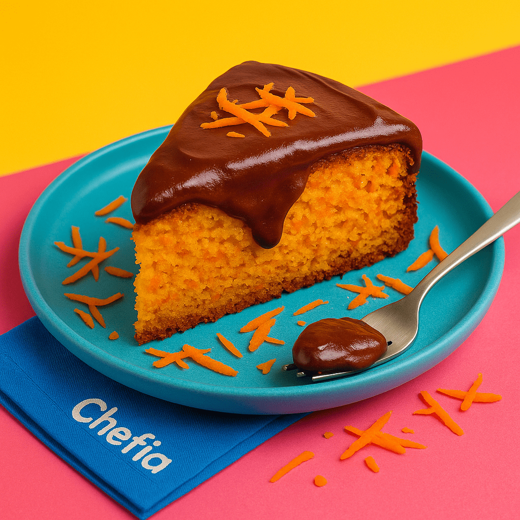 Bolo de cenoura low carb com cobertura de chocolate cremoso, servido em prato azul sobre fundo rosa e amarelo vibrante, com guardanapo da Chefia.