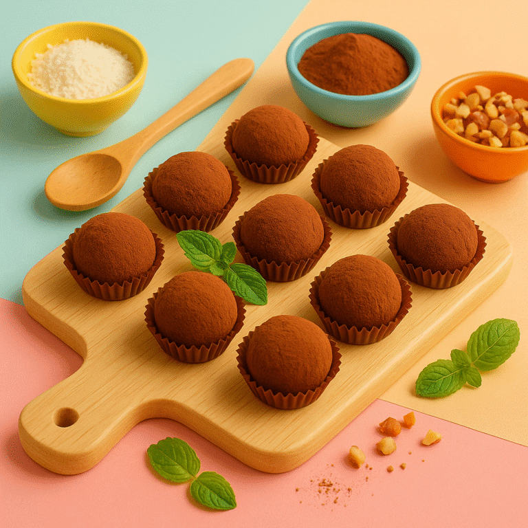 Brigadeiros low carb em mini forminhas coloridas, cobertos com cacau e dispostos sobre fundo vibrante em tons pastéis, com elementos lúdicos e estilo moderno.