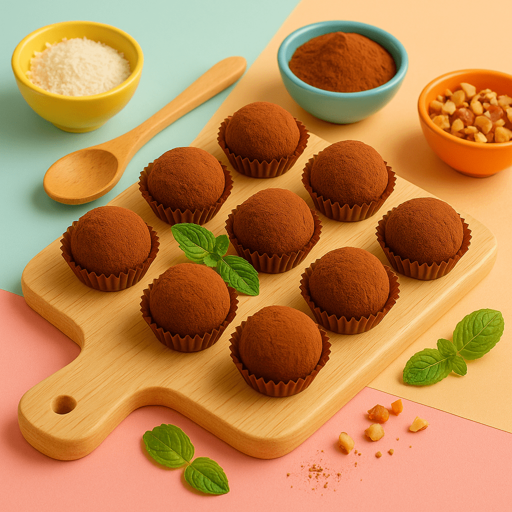 Brigadeiros low carb em mini forminhas coloridas, cobertos com cacau e dispostos sobre fundo vibrante em tons pastéis, com elementos lúdicos e estilo moderno.