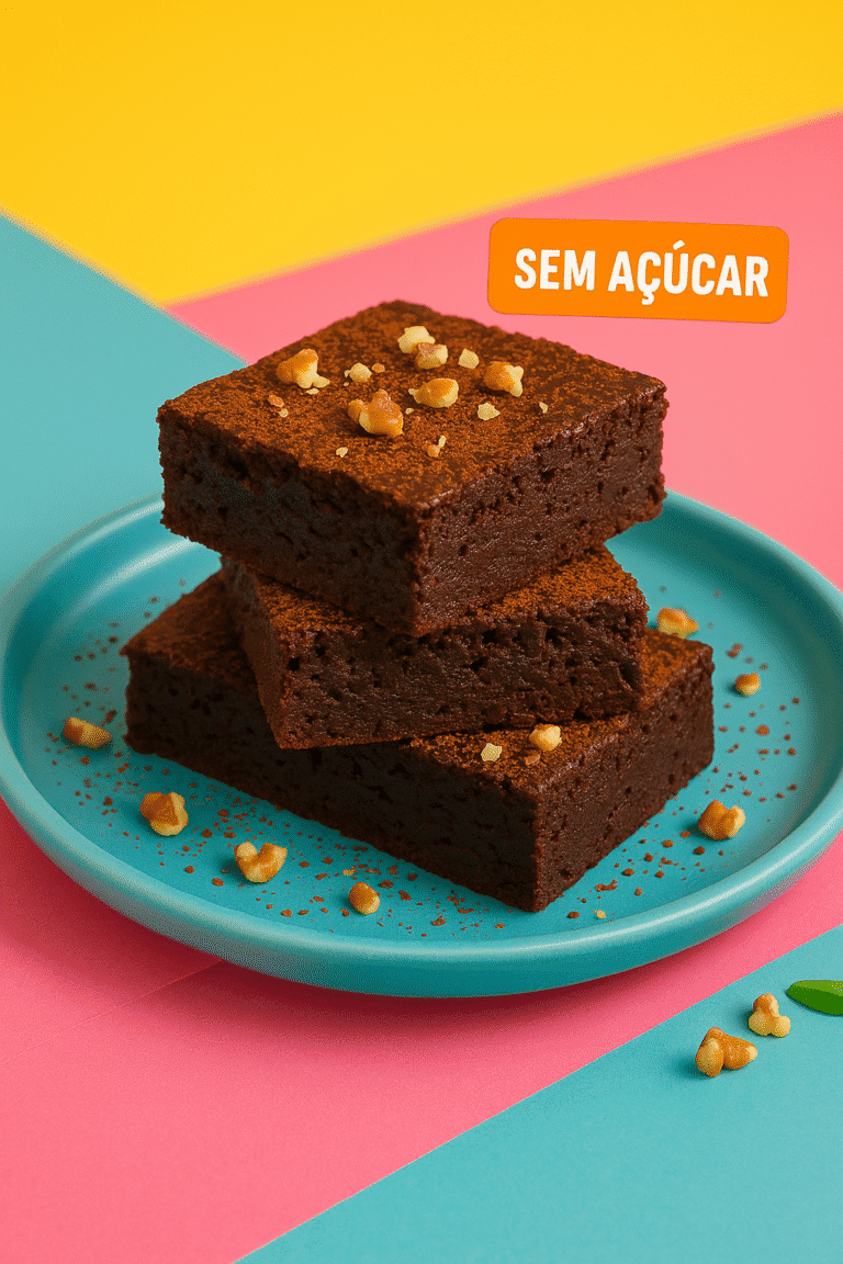 Brownies low carb empilhados em prato turquesa, cobertos com cacau e nozes, com fundo vibrante em rosa, amarelo e azul, estilo visual Chefia.